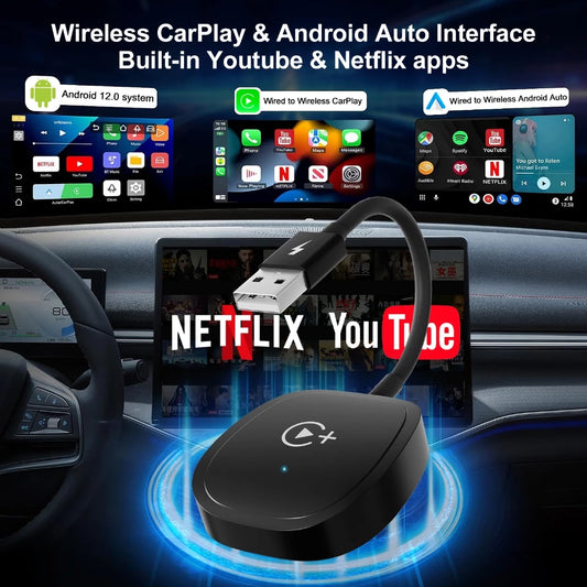 Wireless Apple CarPlay Dongle — Converts Factory Wired CarPlay to Wireless & Supports YouTube, Netflix, and TikTok Streaming